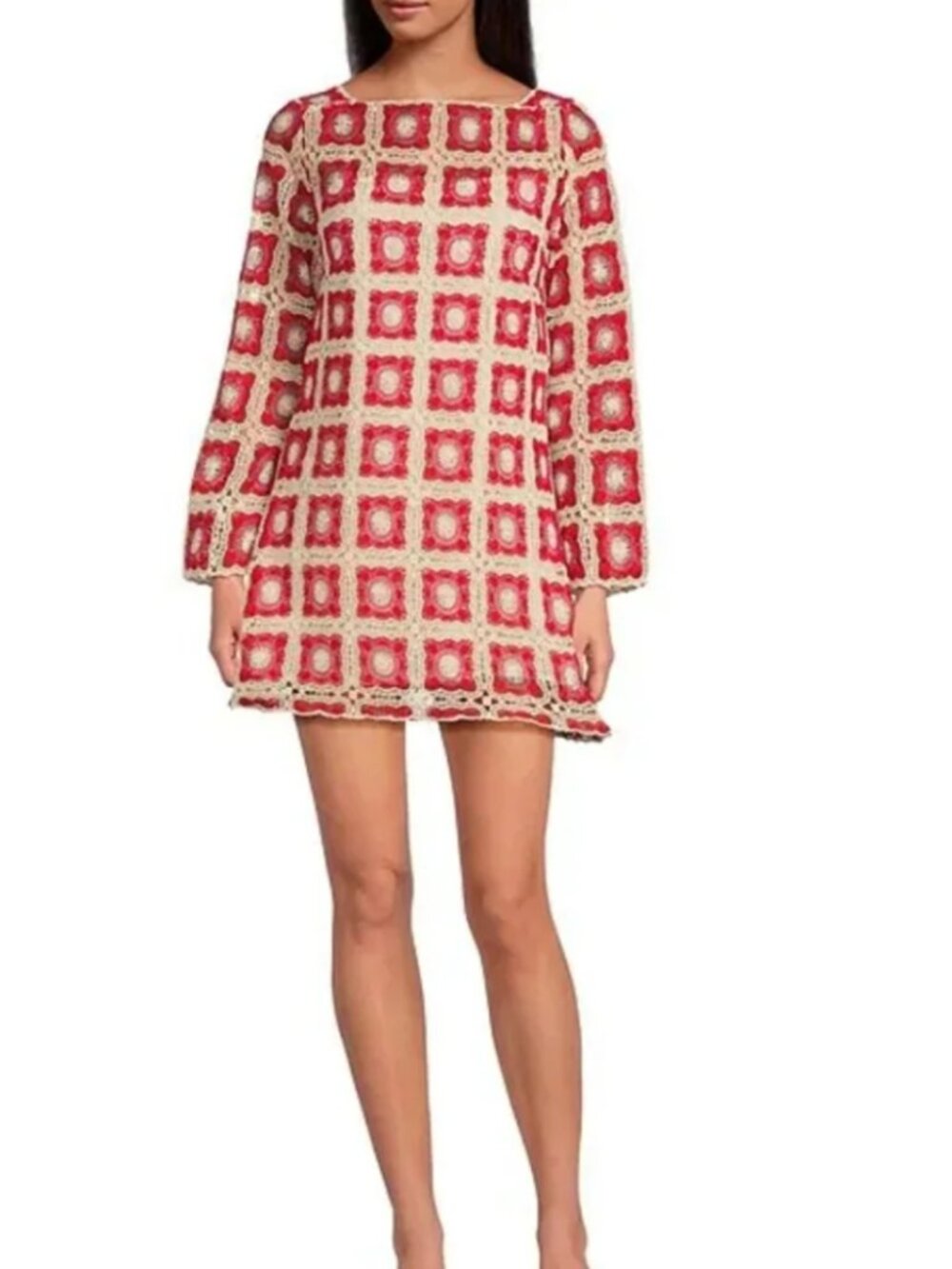 Chelsea & Violet Twiggy Crochet Shift Dress – Red, Fuchsia & Cream – Size XS (NW